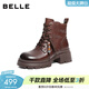 百麗（Belle）時(shí)尚串珠牛皮馬丁靴女冬季新款商場(chǎng)同款厚底增高短靴F2T1DDD5 棕色-單里 35