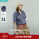 茵曼復古花邊V領(lǐng)格子襯衫2026夏季女裝新款度假風(fēng)短袖襯衣 藏青 M