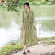 啄木鳥(niǎo)2026年春夏新款棉麻圓領(lǐng)紐扣裝飾抽繩收腰長(cháng)款中袖連衣裙復古時(shí)尚 咸菜綠 2XL