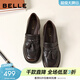 百麗（Belle）氣質(zhì)流蘇牛皮樂(lè )福鞋女2026春新質(zhì)感粗高跟通勤單鞋B2970AA6 咖色 39 (245mm)