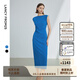朗姿【精英衣櫥】一字肩收腰抽褶長(cháng)裙夏裝新款女禮服連衣裙 艦隊藍色 M