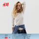 H&M女裝T恤春季修身圓領(lǐng)棉質(zhì)打底衫內搭長(cháng)袖上衣1260555 白色007 S 160/88