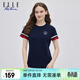 ELLE ACTIVE純棉吸汗運動(dòng)半袖T恤女裝夏季新款拼色舒彈繡花休閑圓領(lǐng)上衣 深藍色 2XL