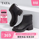 他她TATA奶皮靴法式粗跟彈力靴女靴子羊皮短靴 黑色（單里） 34