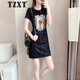 TZXT輕奢運動(dòng)休閑連衣裙女寬松夏季新款鑲鉆氣質(zhì)短款圓領(lǐng)短袖t恤裙潮 黑色 M 建議95-105斤