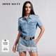 MISS SIXTY春款牛仔襯衫復古顯瘦百搭女翻領(lǐng)氣質(zhì)肩章口袋短袖休閑 中藍 S