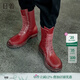 日著(zhù)原創(chuàng  )設計女鞋冬季新款 真皮平跟系帶靴子女時(shí)尚馬丁靴 寅虎紅 38