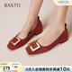 百思圖2026春新款通勤方頭粗跟懶人一腳蹬方扣淺口女單鞋B0016AQ6 紅色（2.5cm絨面款） 39