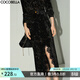 COCOBELLA新中式扎染絲絨半身裙國風(fēng)刺繡蕾絲拼接開(kāi)叉半裙HS3073 黑金 L
