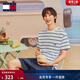 TOMMY JEANS【重磅厚實(shí)】春夏男女情侶純棉條紋針織刺繡圓領(lǐng)短袖T恤上衣 白綠條紋YBR L （推薦：150-165斤）