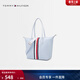 Tommy Hilfiger【禮物】女拼色織帶休閑通勤外出旅行輕便大容量手提托特包 淺藍色C1O OS