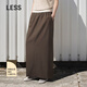 LESS夏通勤全羊毛撞色拼接長(cháng)款開(kāi)衩簡(jiǎn)約直筒半身裙2P5D11000 257深卡其 XS
