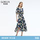 歌莉婭人絲人棉連衣裙女V領(lǐng)收腰荷葉袖裙子1E6R4K880 0DD靜謐藍影橘子花印花 L