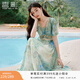 香影海邊度假暈染連衣裙女2026夏季新款民族風(fēng)波西米亞v領(lǐng)雪紡裙 綠花 連衣裙  XL 170/92A/125-140斤