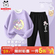 巴布豆女童加絨套裝秋冬款兒童可愛(ài)花邊甜美風(fēng)兩件套中大童加厚保暖童裝 紫 月亮巴布+黑 彩虹櫻桃X 120