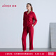 愛(ài)慕（Aimer）【牛奶系】紅色本命年家居女含蛋白柔潤牛奶生活翻領(lǐng)長(cháng)袖分身套裝 朱櫻紅JF0 L 170