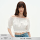 Fabrique桑蠶絲棉刺繡褶飾一字肩短上衣夏季 白色 S
