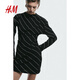 H&M女裝連衣裙春季 垂墜輕柔舒適休閑長(cháng)袖修身短裙1198523 黑色/白色條紋 S 160/88