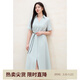 獨束大碼女裝2025夏季新款通勤翻領(lǐng)收腰連衣裙修身顯瘦短袖襯衫裙 藍綠色 M （尺碼：1）