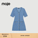Maje2025秋冬女裝法式時(shí)尚花呢藍色單排扣開(kāi)合門(mén)襟V領(lǐng)收腰連衣裙 藍色 S