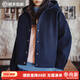 馬登復古藏青色收腰休閑加厚防風(fēng)連帽毛呢呢子外套開(kāi)衫上衣女春 藏青色 M (100-120斤/卡碼拍小)