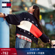 TOMMY JEANS【寬松燈籠袖】秋冬女學(xué)院純棉后背醒目撞色V領(lǐng)針織開(kāi)衫外套 藏青白紅拼色C1G XS （推薦：100斤以下）