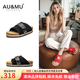 AU&MU春夏季軟木厚底勃肯鞋增高外穿女鞋復古牛皮涼拖鞋男大碼防滑軟底 黑色【真皮】【軟木升級款】 2061 35