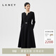 LANCY/朗姿2024春季新款V領(lǐng)收腰醋酸連衣裙女長(cháng)袖法式氣質(zhì)黑裙子 夜幕黑色 M