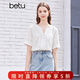 百圖betu女裝夏季新款襯衫壓褶法式復古v領(lǐng)短袖上衣女2404T48 白色 M