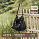 裘真植鞣羊皮云舒流浪包大容量垃圾袋通勤包休閑單肩斜挎hobo包女 黑色珠串套裝 預售15天