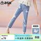 ASK JUNIOR女童褲子2026春兒童褲腳毛邊蝴蝶牛仔褲九分褲青少年 藍色 140