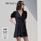 MO&Co.泡泡袖V領(lǐng)收腰蠶絲連衣短裙法式波點(diǎn)小黑裙摩安珂 黑白波點(diǎn)色 M