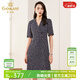 喬萬(wàn)尼v領(lǐng)修身收腰印花碎花連衣裙夏季新款中長(cháng)裙子女裝新款 藍色 XL