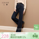 三彩2025冬季新款微喇牛仔褲高腰喇叭褲一體絨磨毛長(cháng)褲S