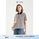 EINEIN言?；陾l紋撞色polo領(lǐng)T恤女文藝休閑寬松短袖學(xué)院風(fēng)上衣夏新款 墨藍 L
