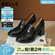 百麗（Belle）復古抓皺面羊皮樂(lè )福鞋女2026春新粗跟氣質(zhì)通勤單鞋B2948AA6 黑色 37 (235mm)