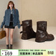 ZHR則則厚底馬丁靴女西部牛仔褲管靴女復古皮帶扣堆堆短靴女 IN05 棕色37