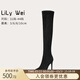 Lily Wei黑色過(guò)膝長(cháng)筒靴細跟尖頭配大衣的靴子女大碼小碼秋冬情人節禮物 黑色單里【跟高10cm】 37