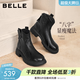 百麗（Belle）復古時(shí)裝靴女冬季新款商場(chǎng)柔軟羊皮舒適粗跟加絨短靴E5S1DDD5 黑色-單里 37 (235mm)