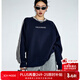 ICH MODE美式圓領(lǐng)套頭衛衣復古條紋女春秋長(cháng)袖寬松運動(dòng)上衣外套女寶藍色 S