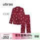 ubras流光滿(mǎn)印翻領(lǐng)短袖短褲套裝家居服睡衣女薄款舒適居家 【女款】長(cháng)袖長(cháng)褲-好奇貓貓-紅 M