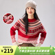 金菊圣誕費爾島提花100%綿羊毛厚款2026新款條紋復古保暖毛衣女羊毛衫 紅色 均碼 F(165/88A)