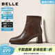 百麗（Belle）復古褶皺面時(shí)裝靴女冬季新款商場(chǎng)同款優(yōu)雅高跟短靴E5U1DDD5 棕色 37