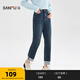 三福（SANFU）牛仔褲2025冬季皮牌裝飾磨毛保暖小直筒長(cháng)褲女裝513688 牛仔藍 27