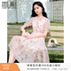 香影v領(lǐng)印花連衣裙女2026夏季新款絕美暈染木耳領(lǐng)泡泡袖雪紡裙子 粉紅 S