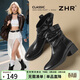 ZHR則則厚底短靴女西部騎士靴中筒堆堆馬丁靴英倫風(fēng)粗跟女靴BL662黑色37