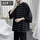 JEEP SPIRIT短袖T恤男港風(fēng)寬松大碼條紋五分袖ins胖子男士蝙蝠衫情侶裝學(xué)生BF 黑色 L 105-125斤