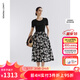 朗姿雙色針織拼接撞色印花連衣裙夏季新款a字高腰碎花裙 夜幕黑色 XL