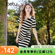 百圖betu女裝夏季新款連衣裙花邊拼接設計間色條紋 裙子女2503D02 黑白條 L