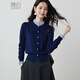 晚白雙層花邊領(lǐng)撞色假兩件針織衫女2026春款高級感氣質(zhì)百搭顯白上衣 深藍色 M